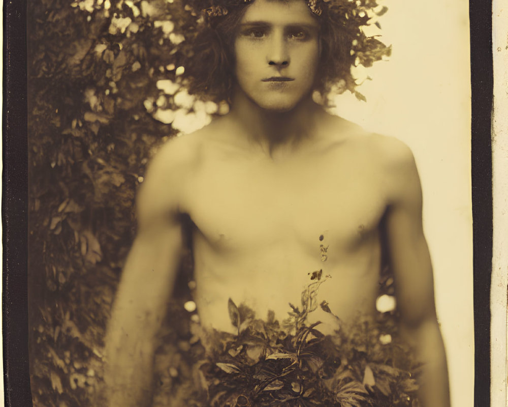 Sepia-Toned Portrait of Bare-Chested Individual with Nature-Inspired Foliage