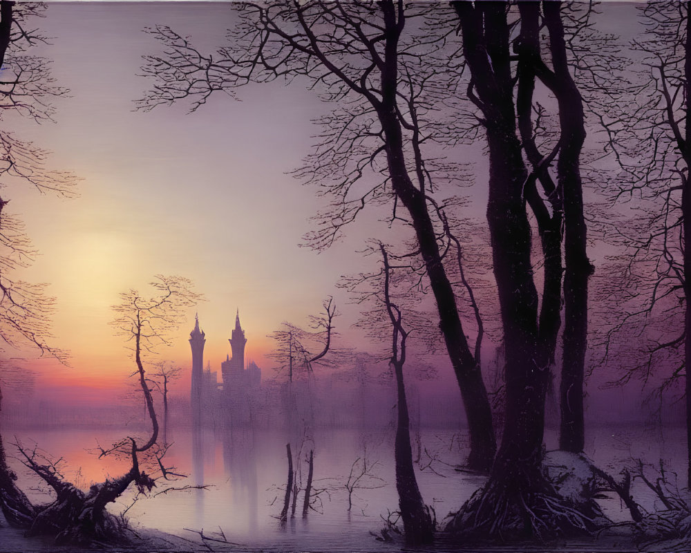 Twilight scene: leafless trees, lake, castle, orange-purple sky