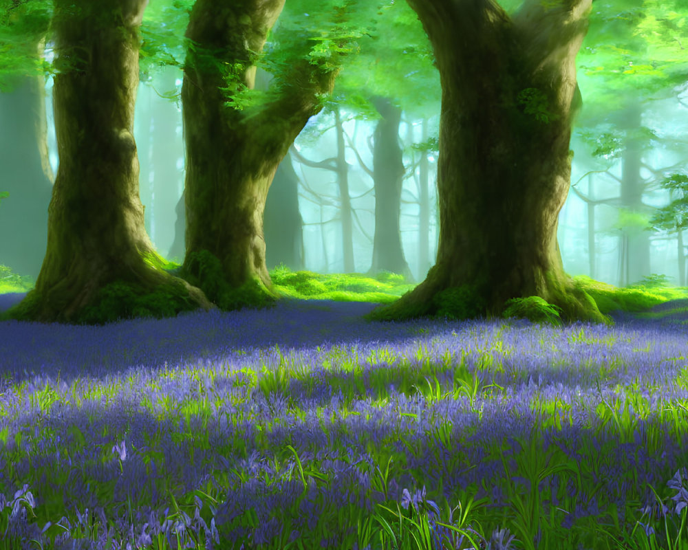 Tranquil Forest Scene with Sunbeams and Bluebell Flowers