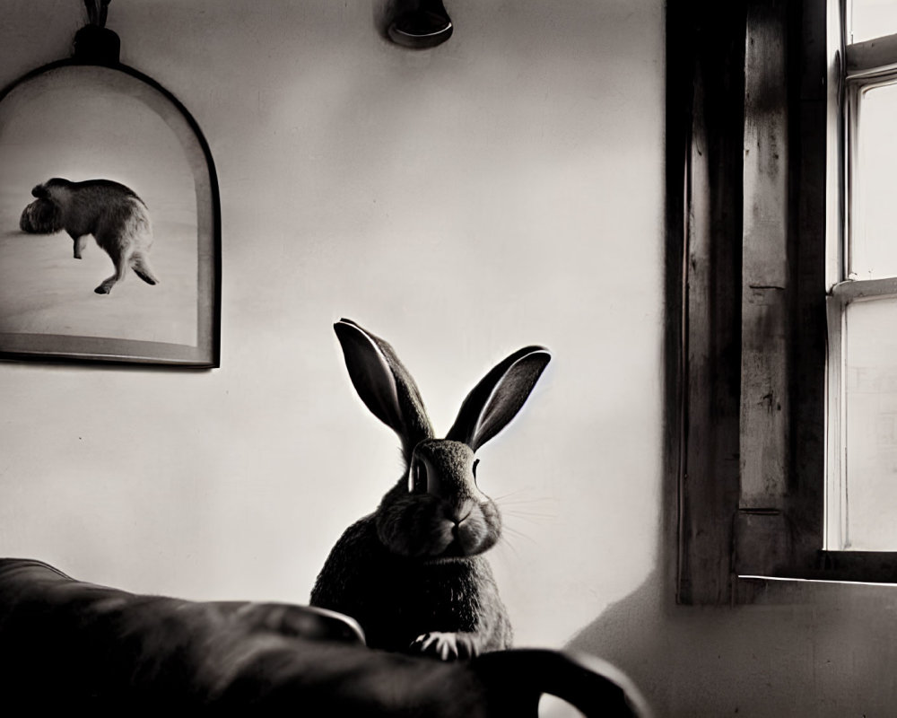 Monochrome room with large rabbit, cat painting, and open window