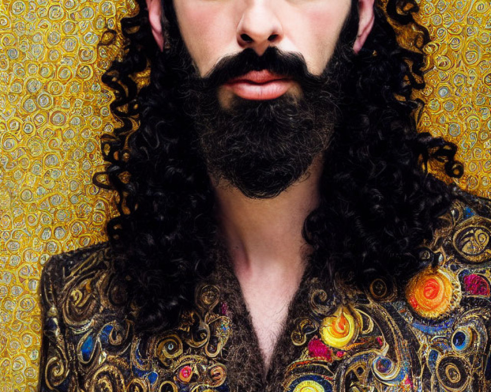 Man with Black Beard and Peacock Jacket on Golden Background