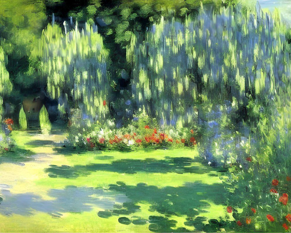 Vibrant Impressionist Garden Painting with Greenery & Flowers