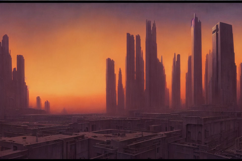 Dystopian cityscape at dusk with towering skyscrapers under orange-hued sky