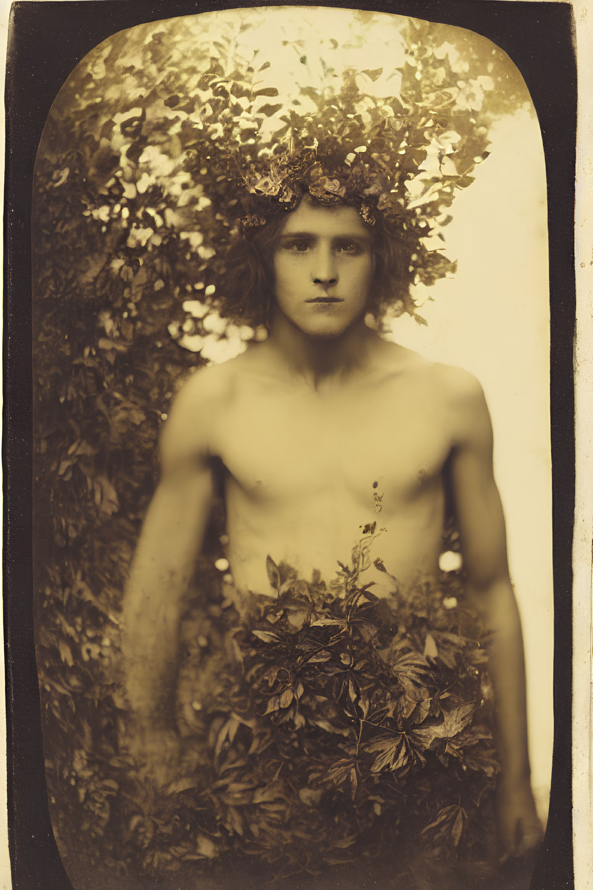 Sepia-Toned Portrait of Bare-Chested Individual with Nature-Inspired Foliage