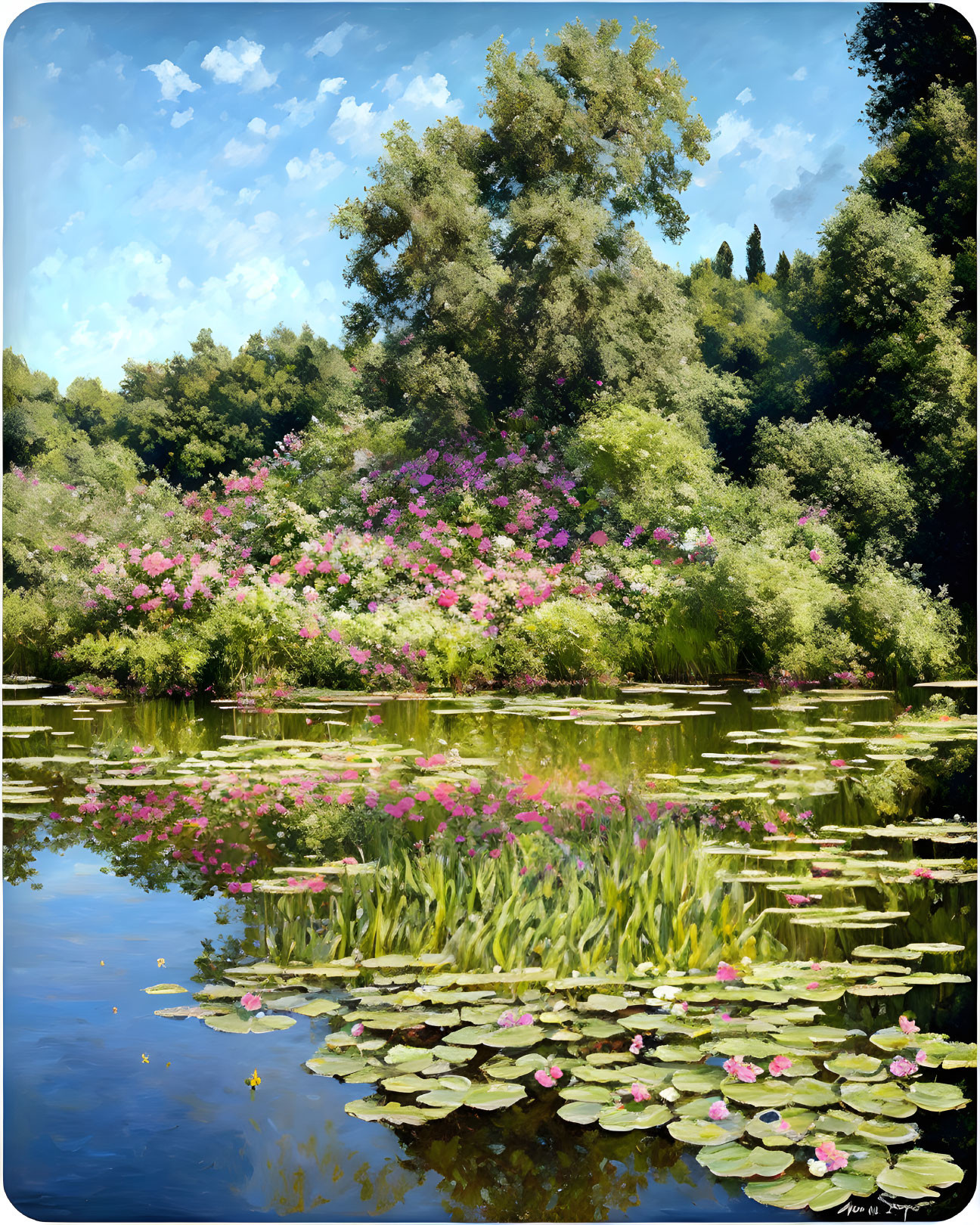 Tranquil pond with water lilies and lush surroundings