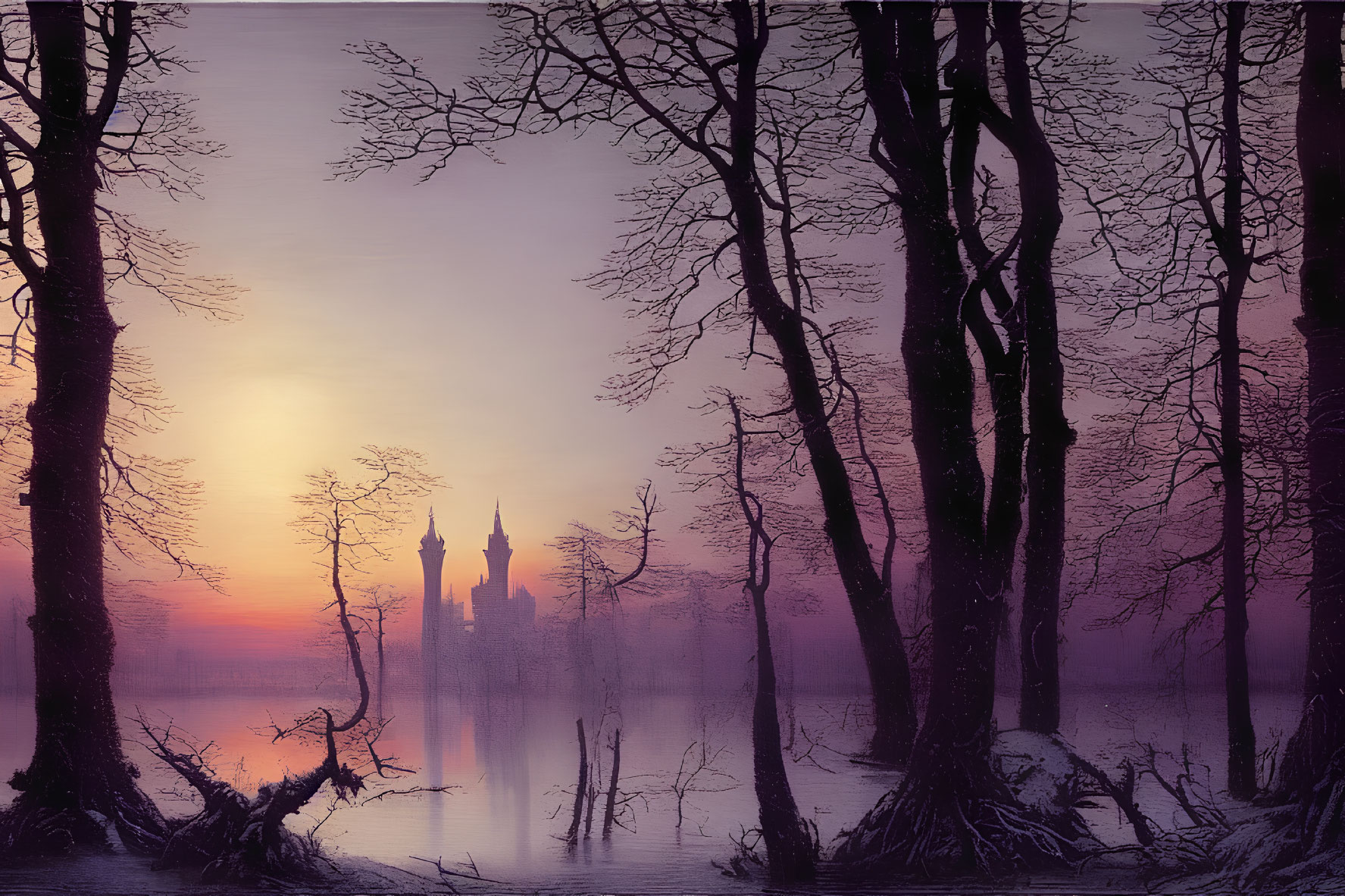 Twilight scene: leafless trees, lake, castle, orange-purple sky