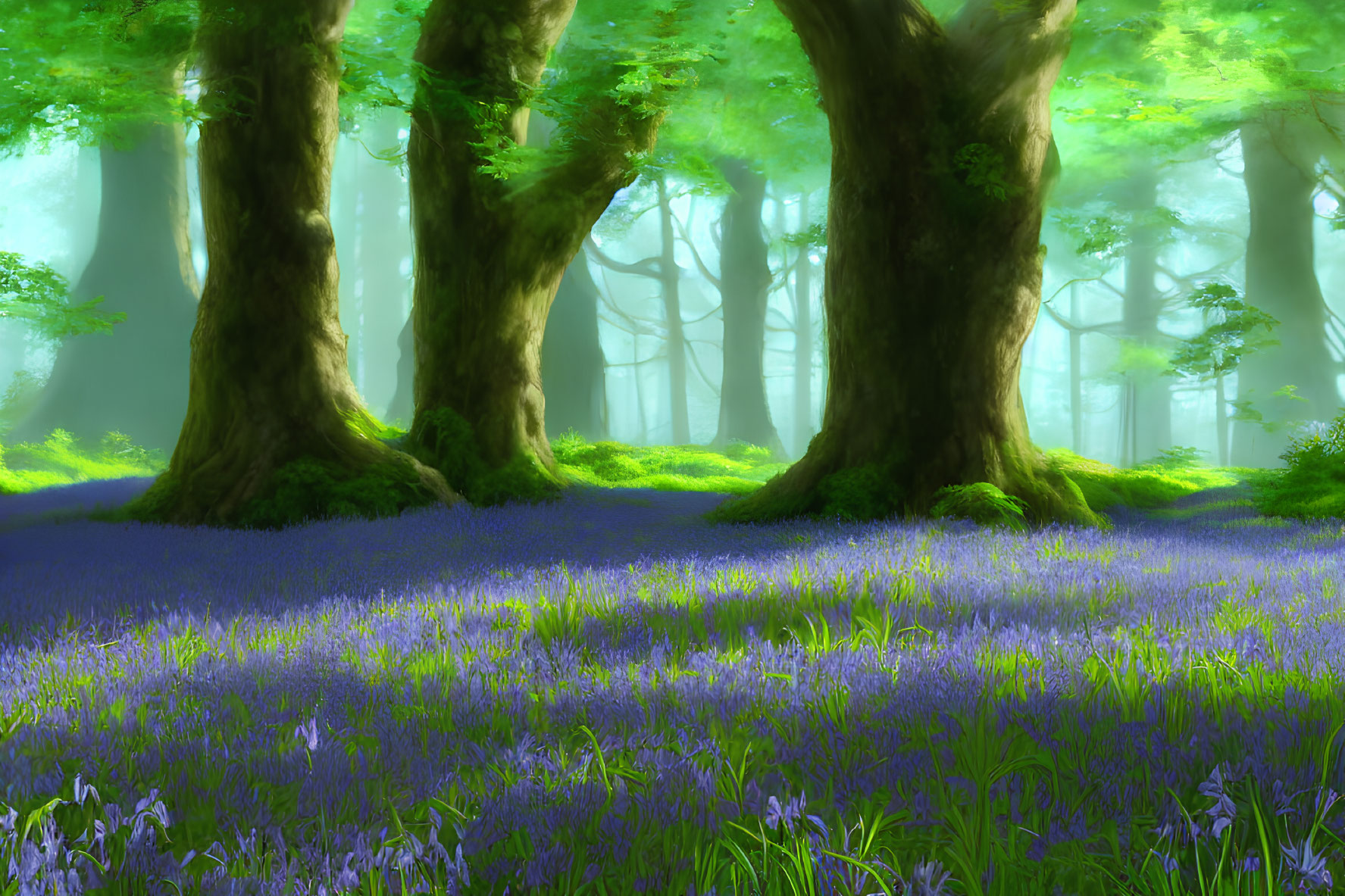 Tranquil Forest Scene with Sunbeams and Bluebell Flowers