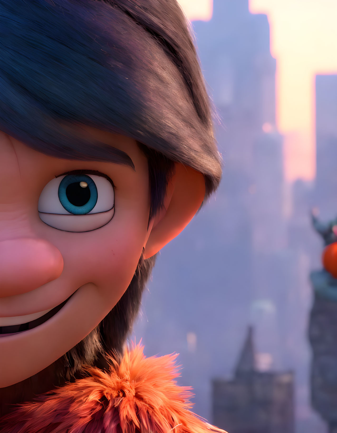 Animated character with mischievous smirk and blue eyes against city backdrop