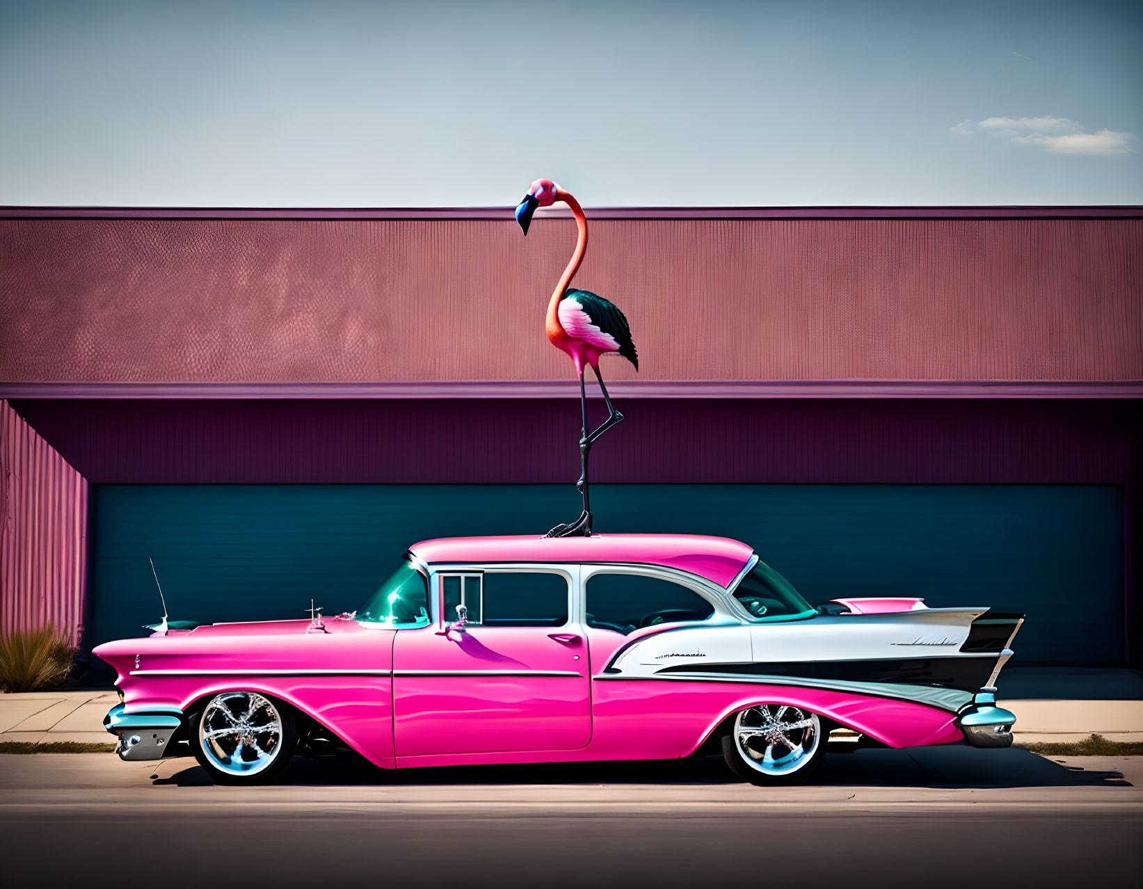 Pink Classic Car with Flamingo Sculpture in Front of Building