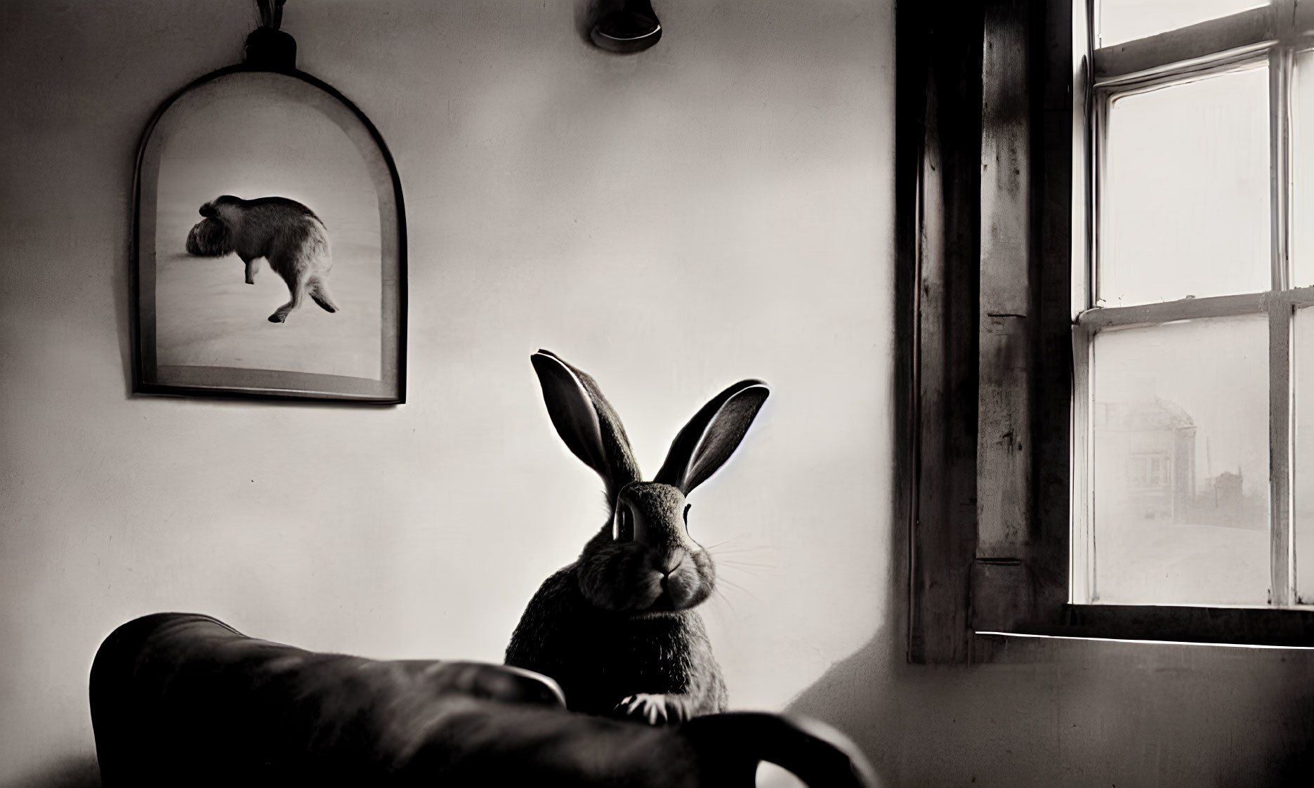 Monochrome room with large rabbit, cat painting, and open window