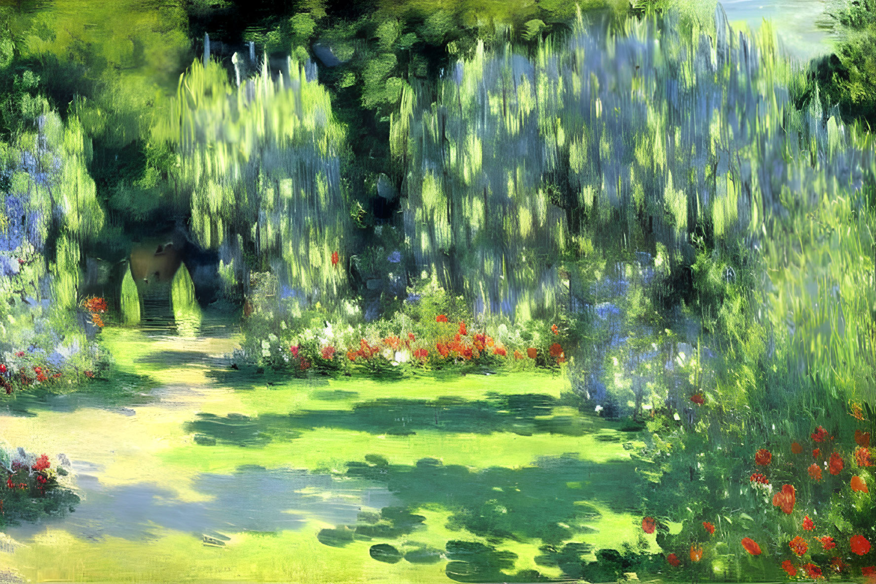 Vibrant Impressionist Garden Painting with Greenery & Flowers