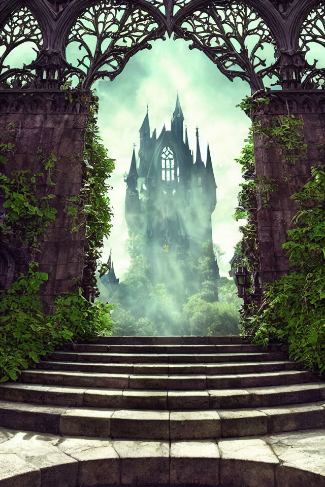 Mystical gothic castle in mist with stone archway and lush greenery