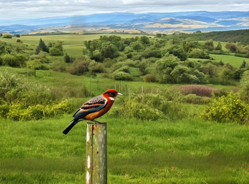 Vibrant bird on wooden post with green hillscape.