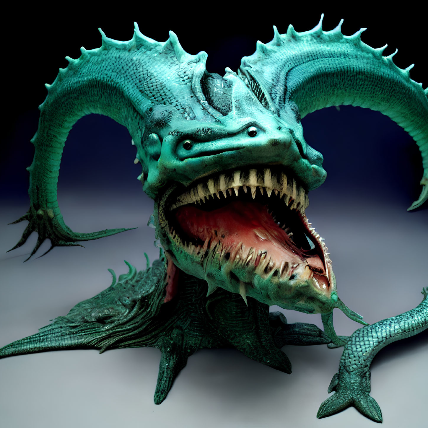 Detailed 3D Rendering of Teal Two-Headed Dragon