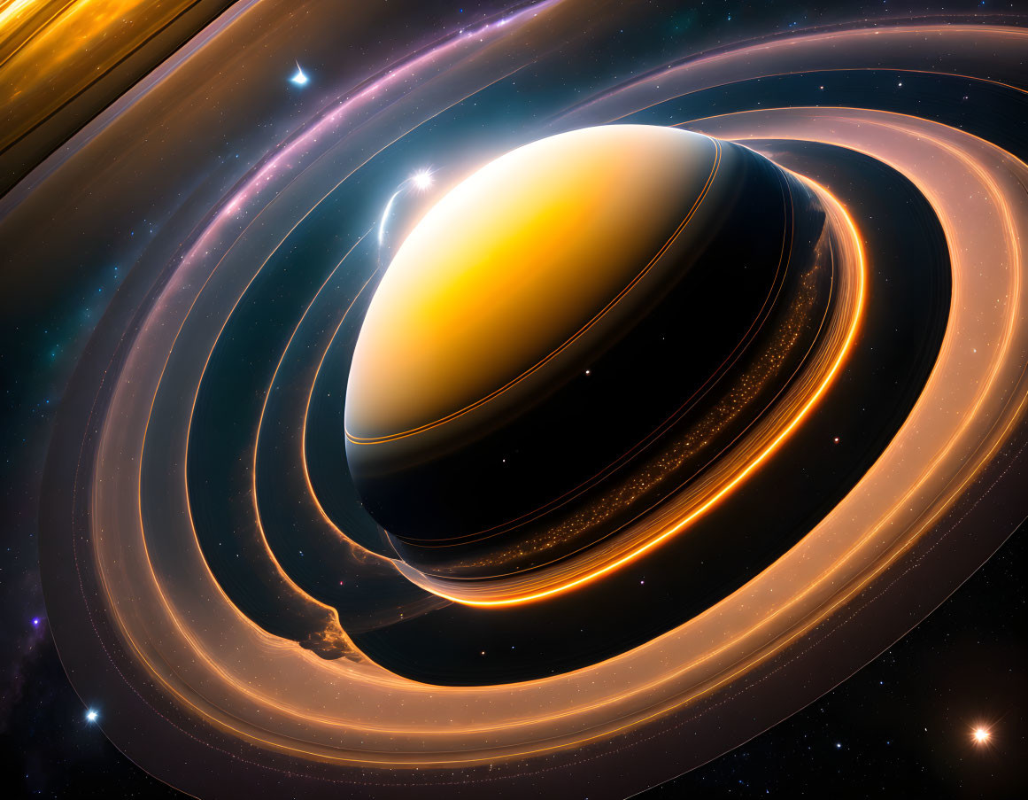 Saturn with Prominent Rings in Space Scene