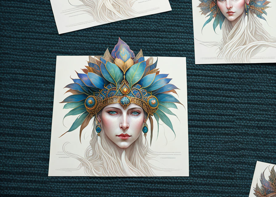 Woman with Ornate Feathered Headdress in Blue and Gold on Teal Background