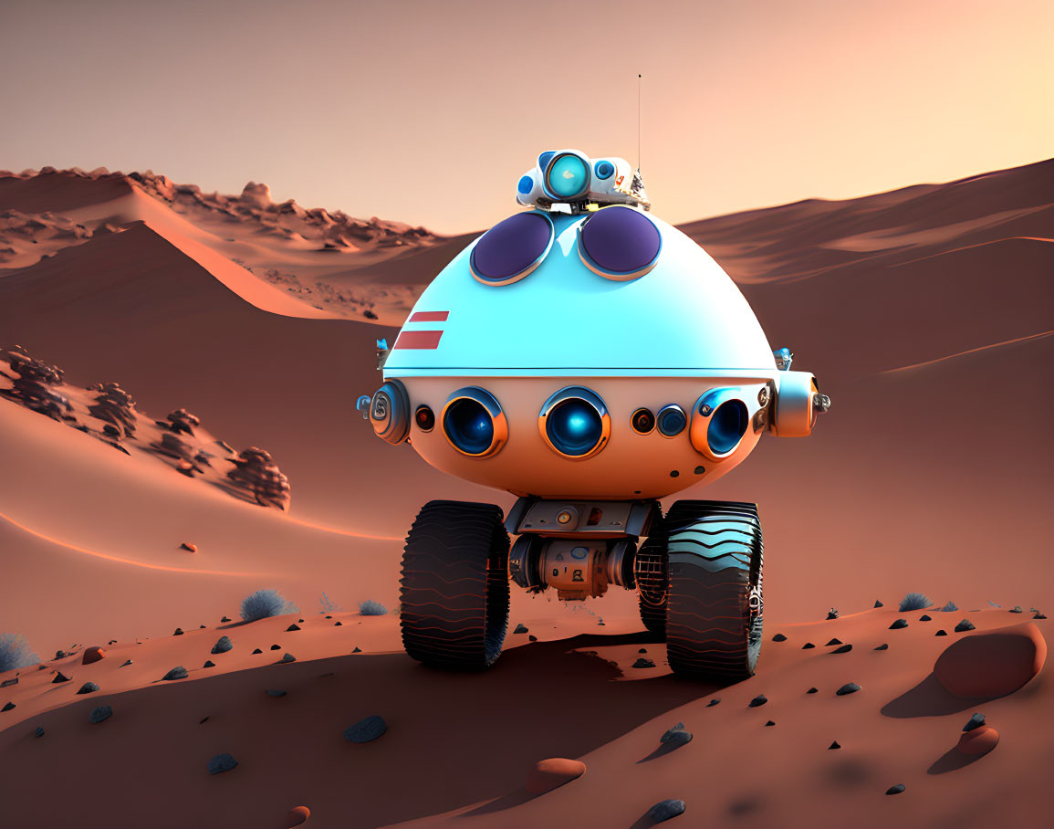 Futuristic rover with large wheels explores alien desert landscape