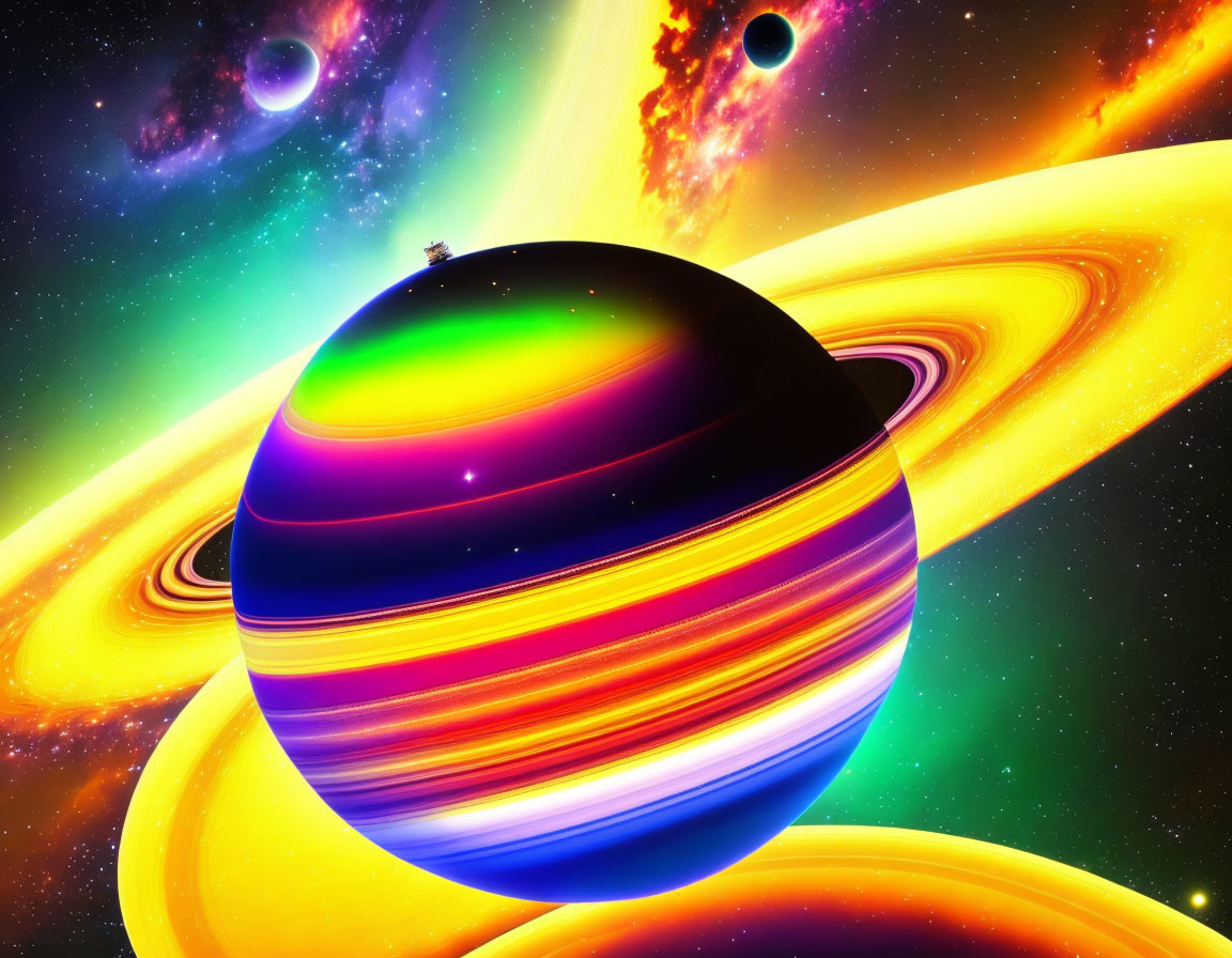 Colorful Planet with Rings in Cosmic Digital Artwork