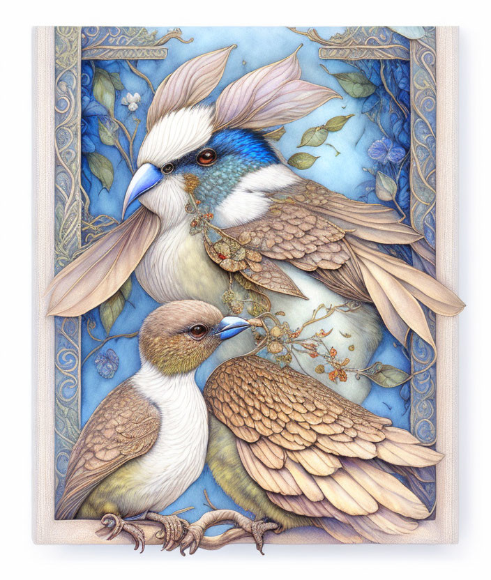 Stylized bird illustration with intricate feathers in ornate border