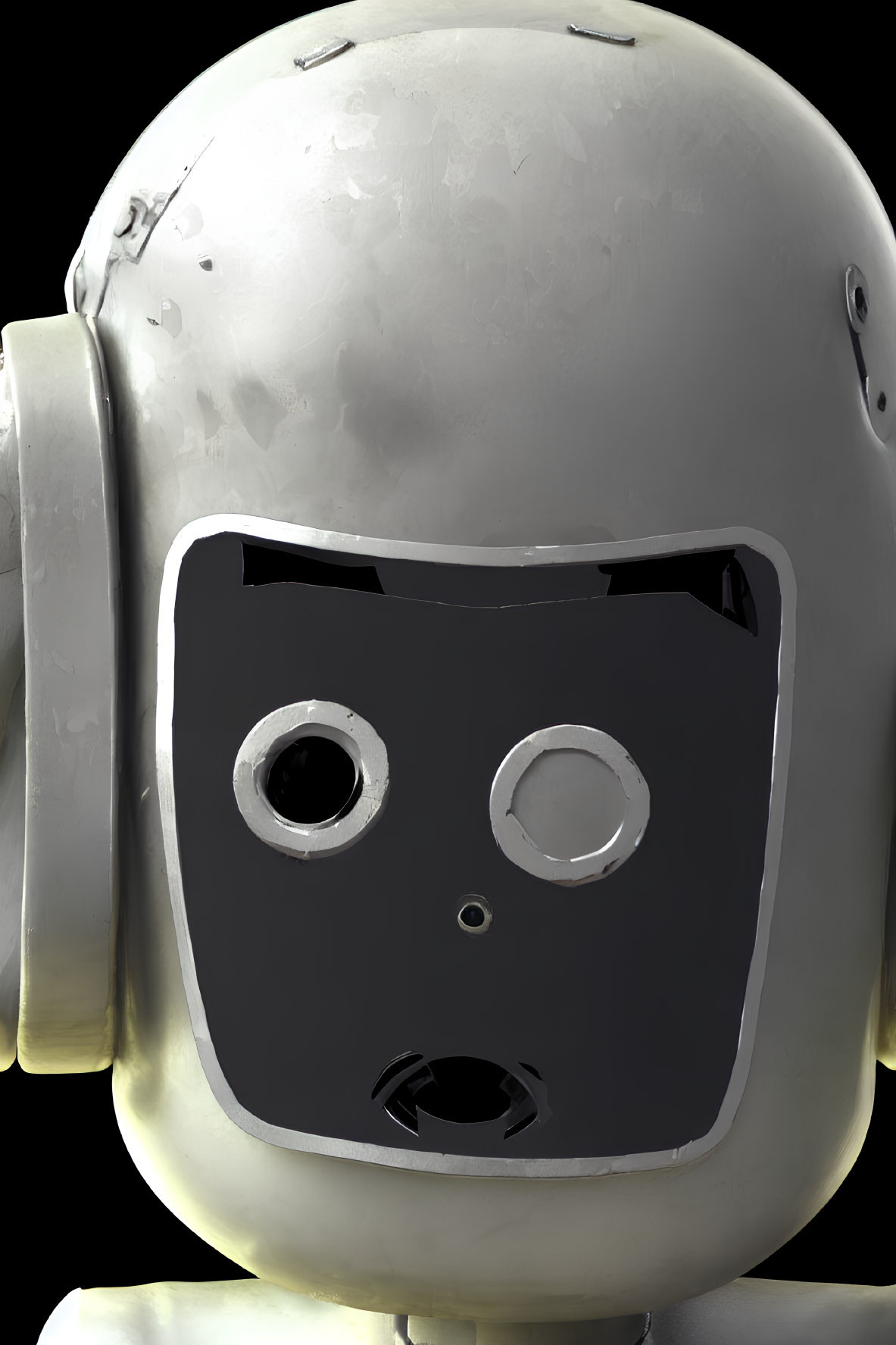 Weathered robot head with humanoid faceplate and circular eyes.