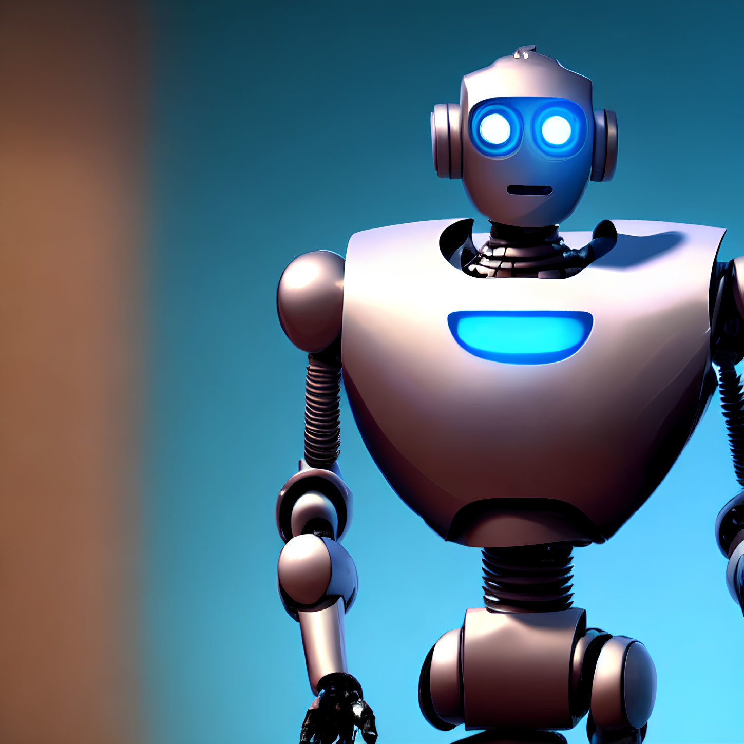 Friendly humanoid robot with glowing blue features on gradient background