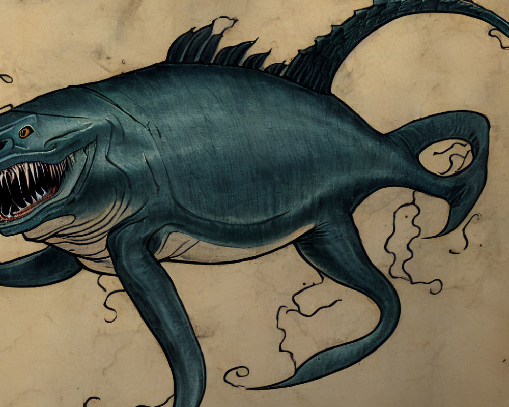 Mythical sea creature with shark features and tentacles in ancient manuscript style