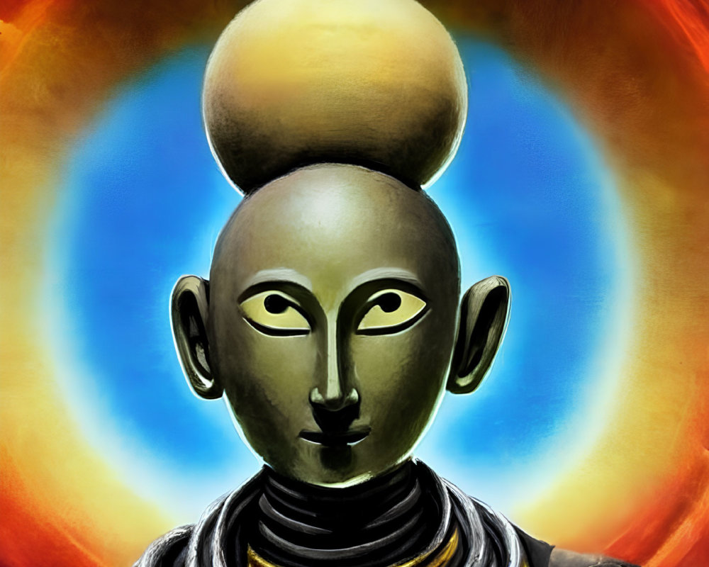 Golden-skinned humanoid figure with orb, pointy ears, and halo background.