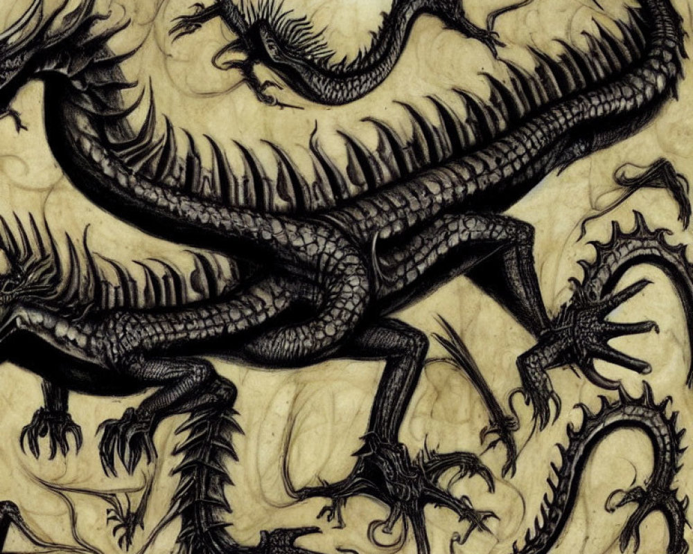 Detailed Drawing of Multi-Headed Dragon on Textured Background