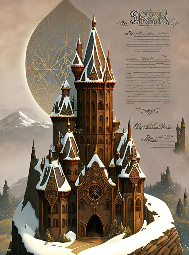 Fantasy castle with ornate towers in snowy landscape.