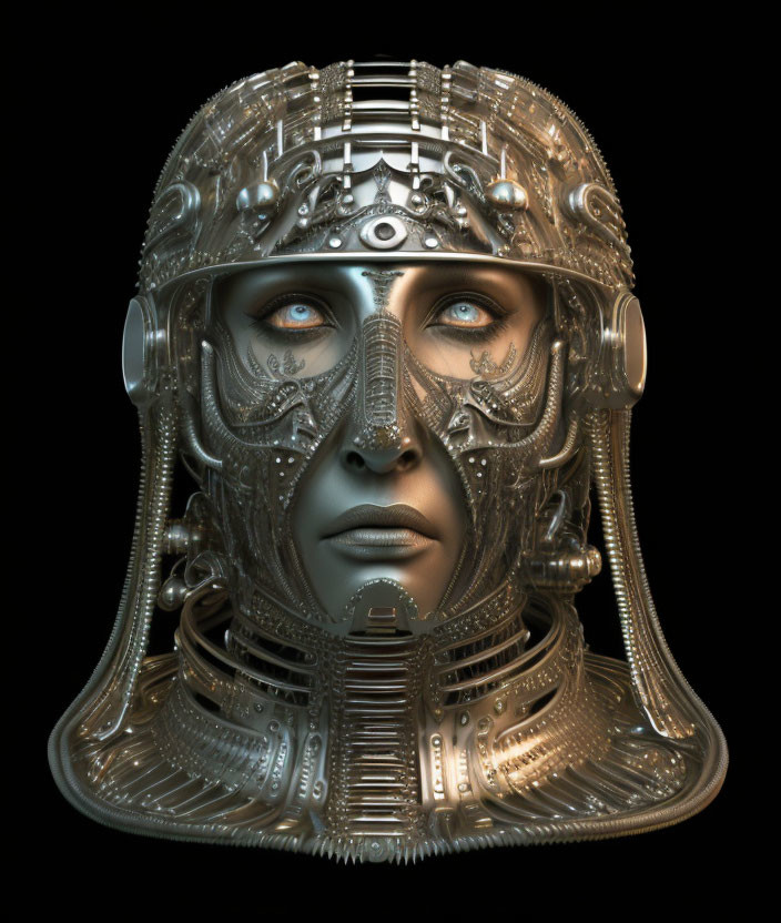 Detailed Metallic Humanoid Face with Futuristic Helmet Design