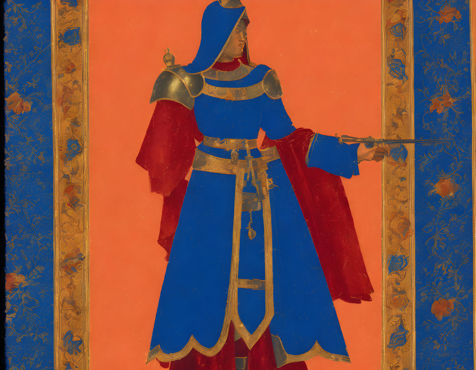 Medieval knight in blue and red armor with sword on orange background