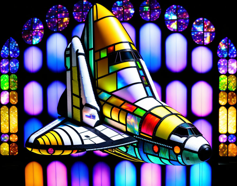 Colorful Stained Glass Space Shuttle Illustration with Glowing Lights