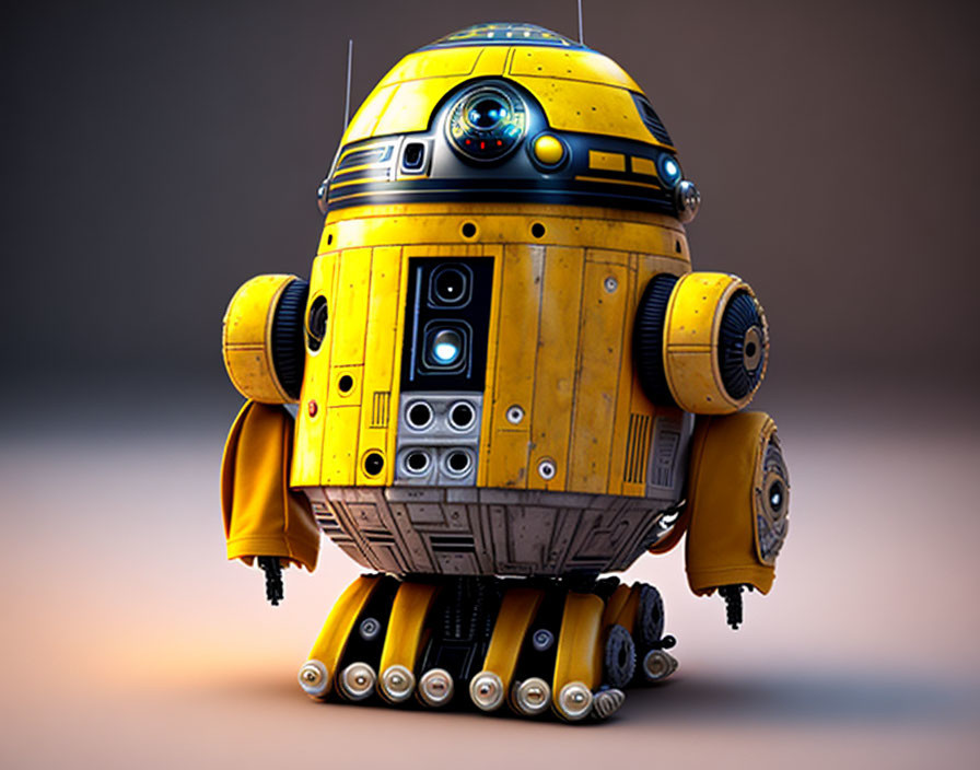 Yellow Dome-Headed Robot with Optical Sensors and Retractable Arms