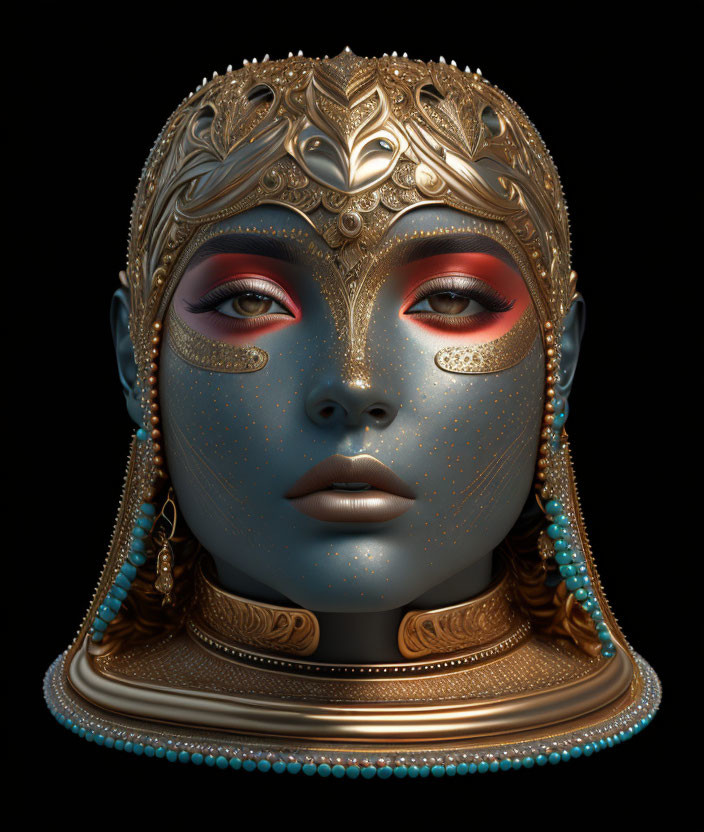 Detailed digital artwork: Female figure, golden headgear, turquoise and gold details on black background