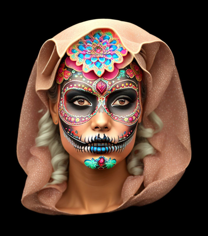 Day of the Dead face paint with floral and skull motifs under brown headscarf