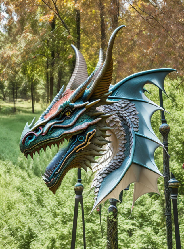 Colorful Dragon Sculpture with Blue Wings in Green Park Setting