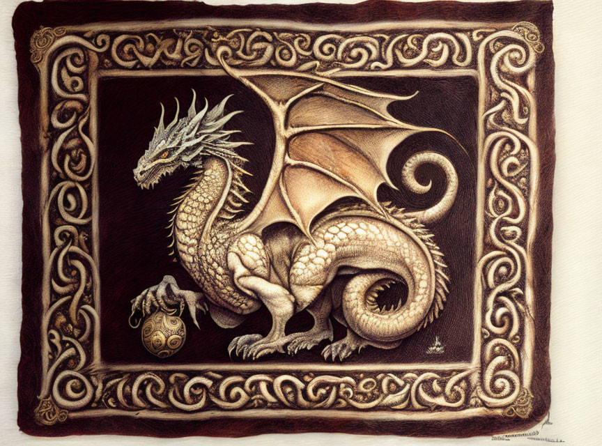 Detailed Dragon Drawing with Celtic Knot Border on Textured Background