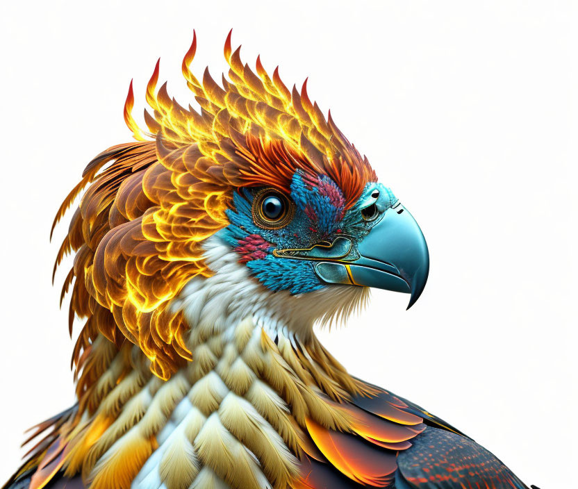 Vivid flaming crest bird digital artwork on white background