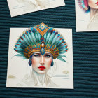 Woman with Ornate Feathered Headdress in Blue and Gold on Teal Background