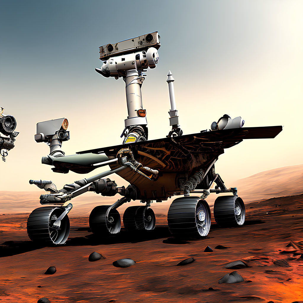 CGI illustration of Mars rover on red, rocky surface