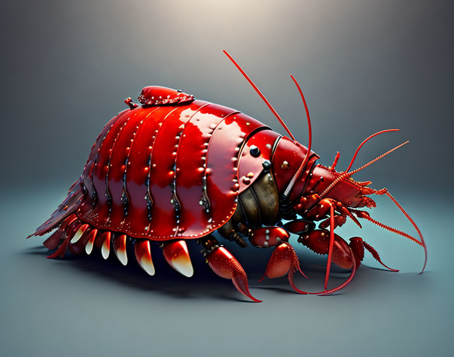 Mechanical lobster digital artwork with shiny red exoskeleton