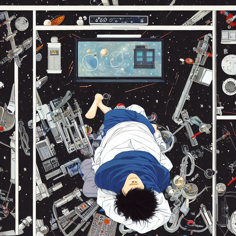 Person lying on glass floor in space station interior with cosmos below