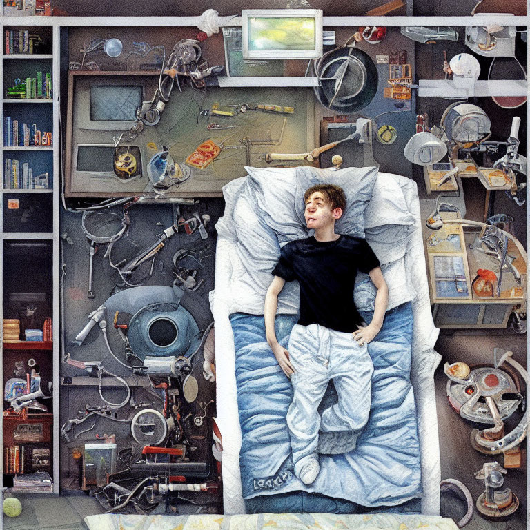 Person lying on bed surrounded by cluttered shelves of books and gadgets