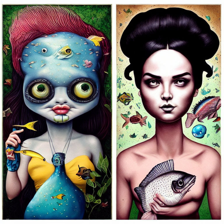 Stylized portraits: girl with aquatic eyes and fish, woman with ocean-like hair holding a fish