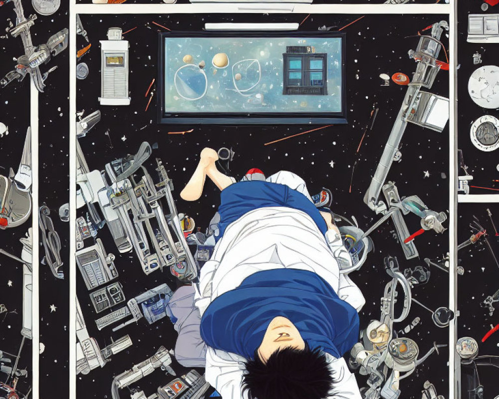 Person lying on glass floor in space station interior with cosmos below