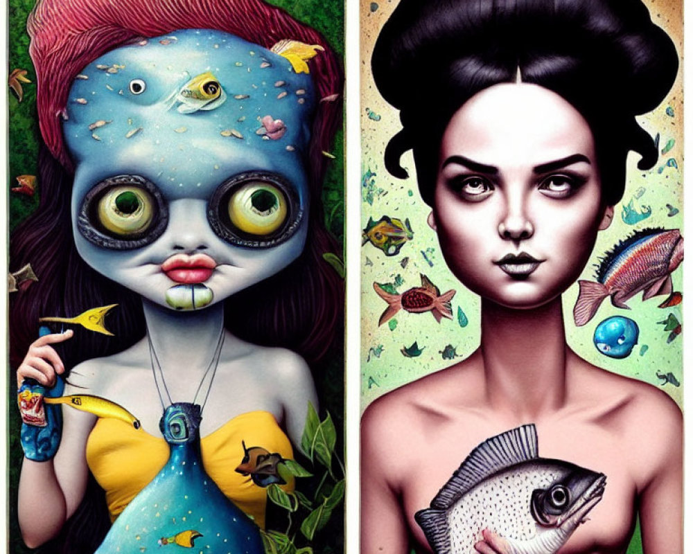 Stylized portraits: girl with aquatic eyes and fish, woman with ocean-like hair holding a fish