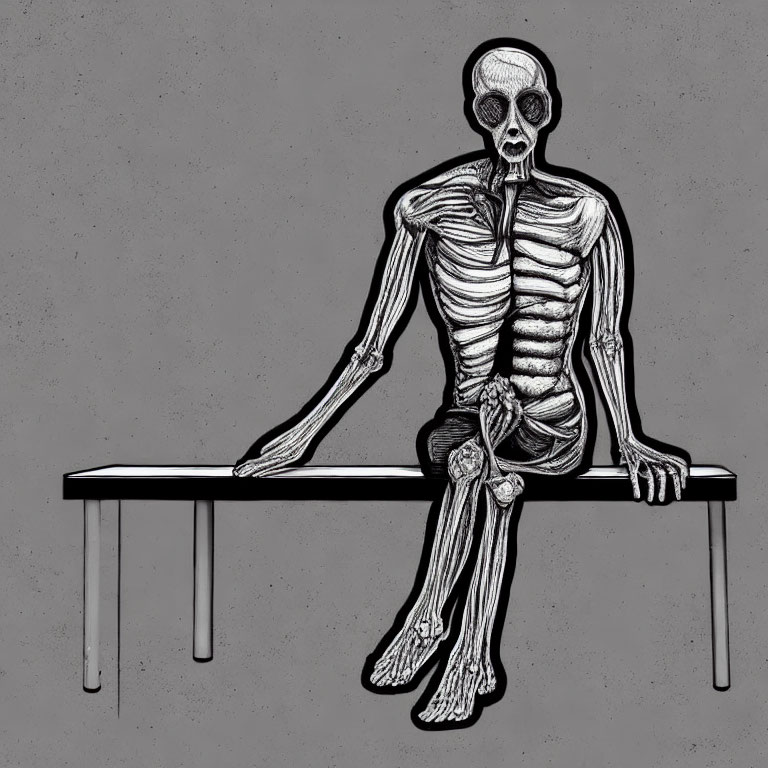 Illustration of skeletal figure with oversized skull on bench against grey background