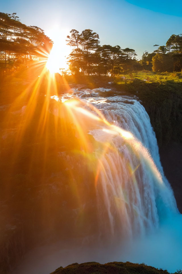 Majestic waterfall under radiant sunburst and lush greenery