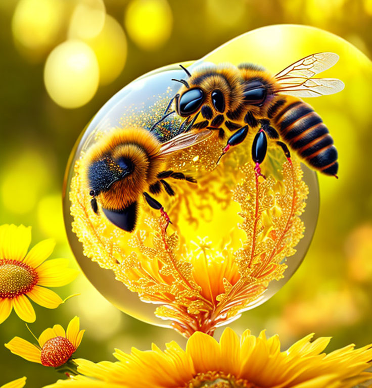 Realistic bee hovering over honeycomb bubble and orange flower in bokeh-filled scene