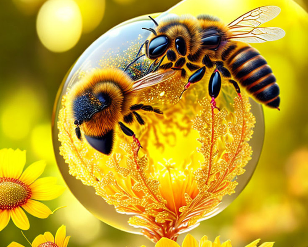 Realistic bee hovering over honeycomb bubble and orange flower in bokeh-filled scene